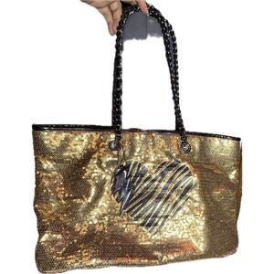 Vtg Y2K Betseyville Gold Sequin Tote Bag Chain Strap Glam Shoulder Purse Large